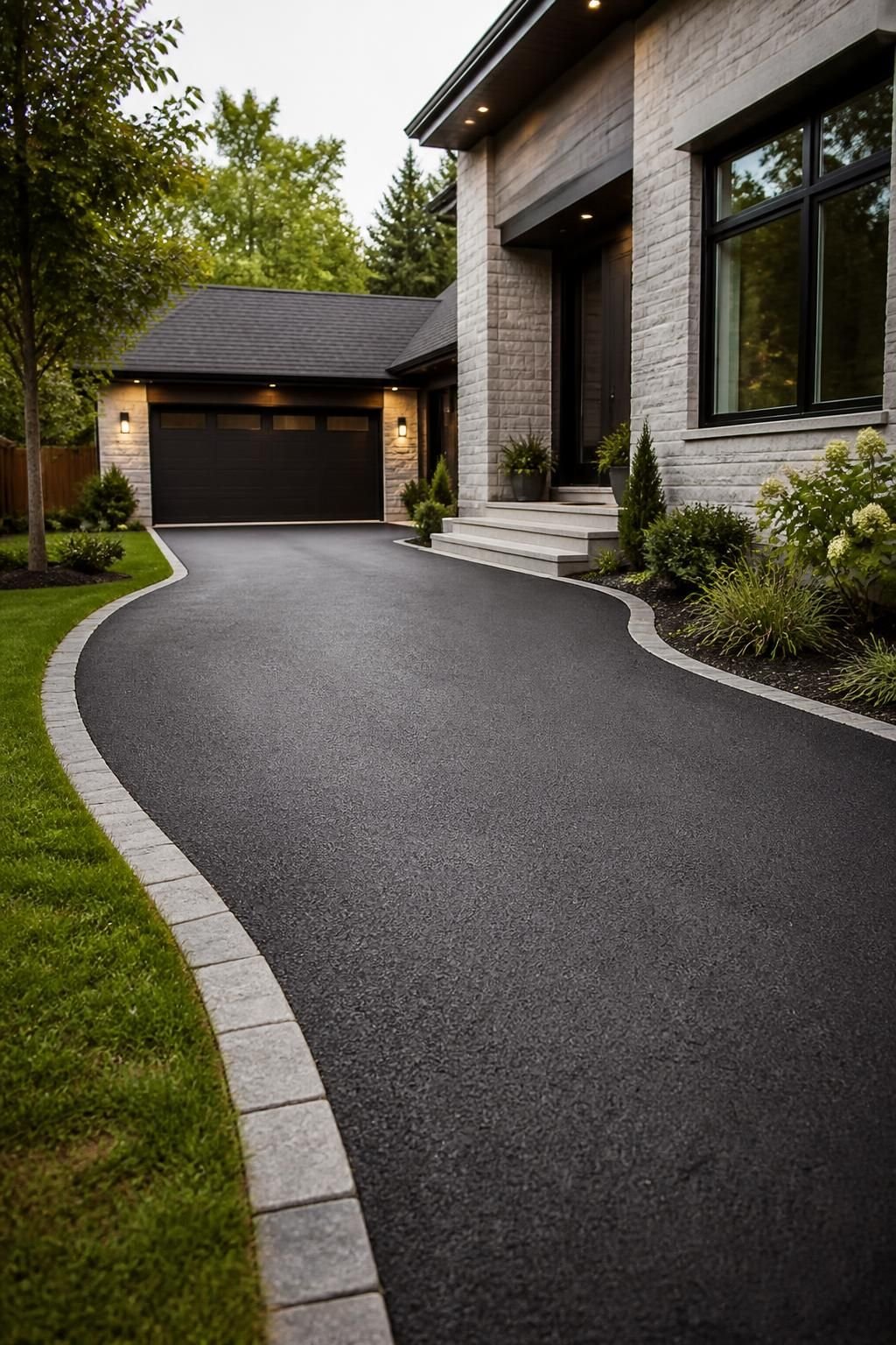 Completed residential driveway with smooth asphalt beside a modern home