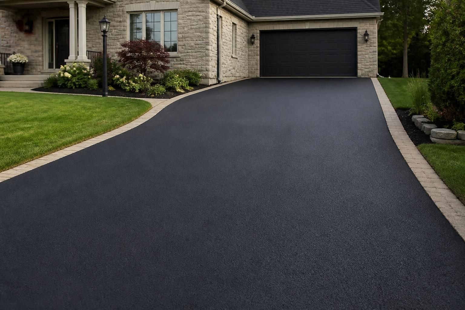 Finished residential driveway with fresh smooth asphalt