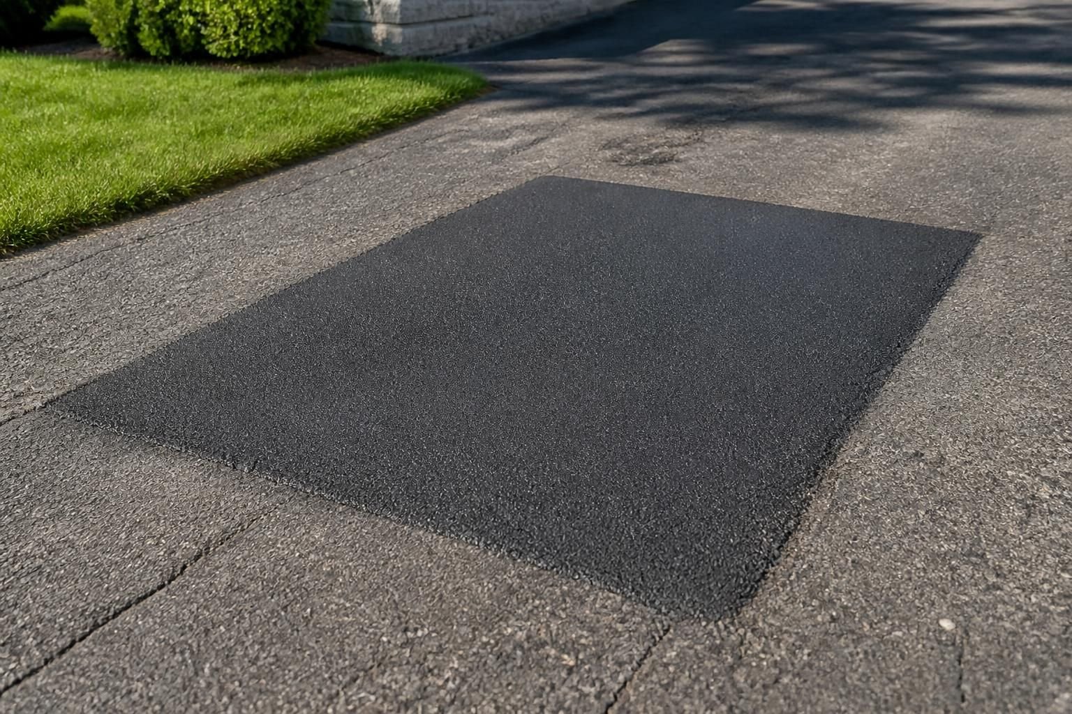 Repaired driveway surface with a smooth blended asphalt patch