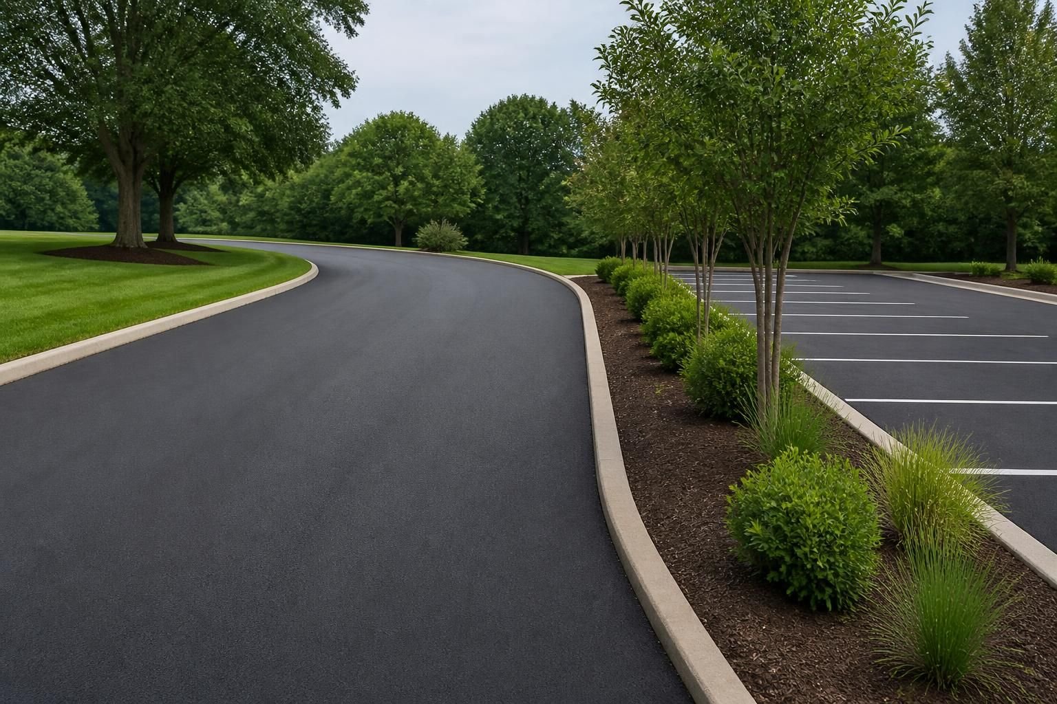 Freshly paved asphalt driveway with clean edges and smooth black surface