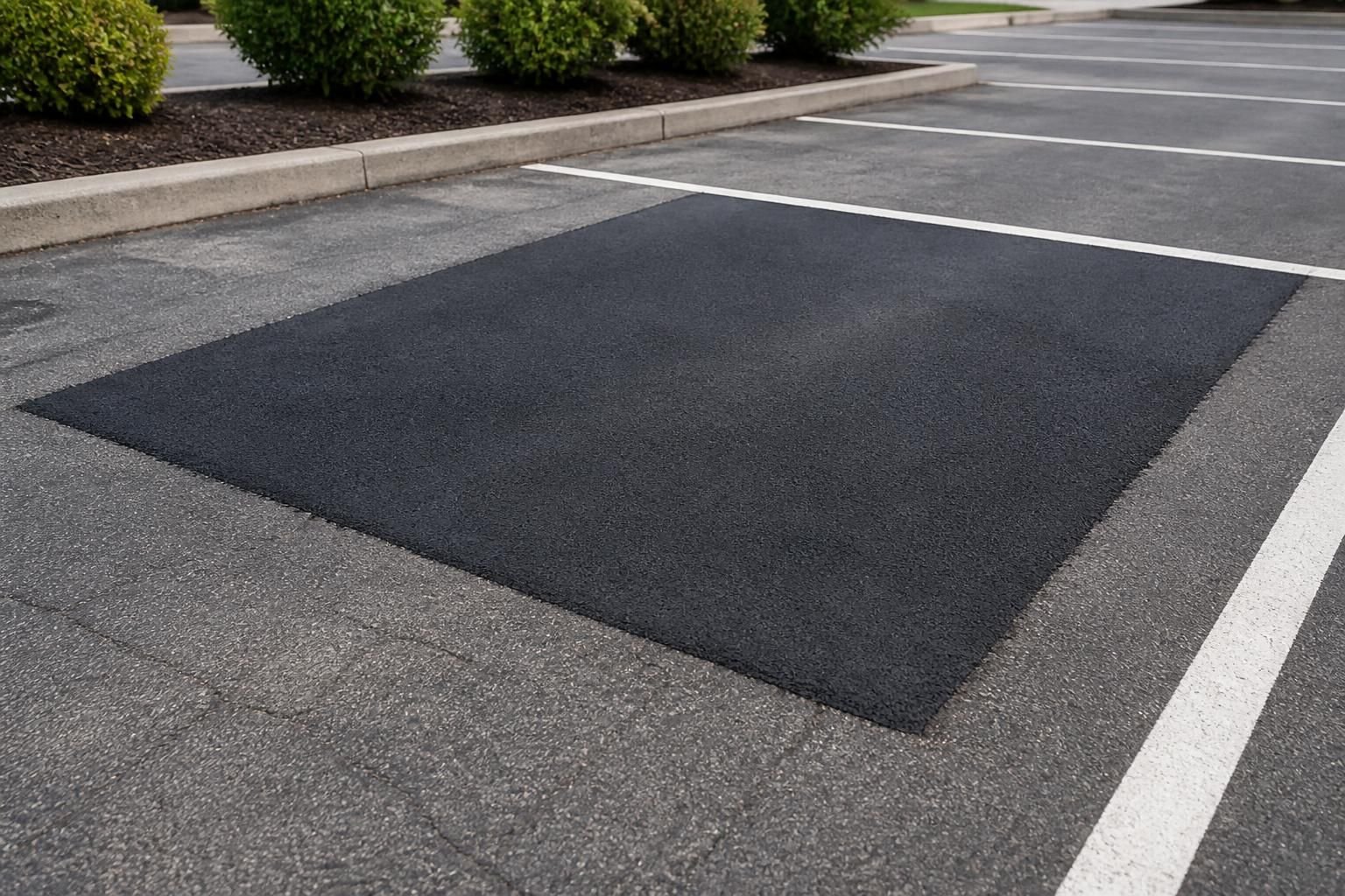 Repaired parking lot section with smooth asphalt and restored markings