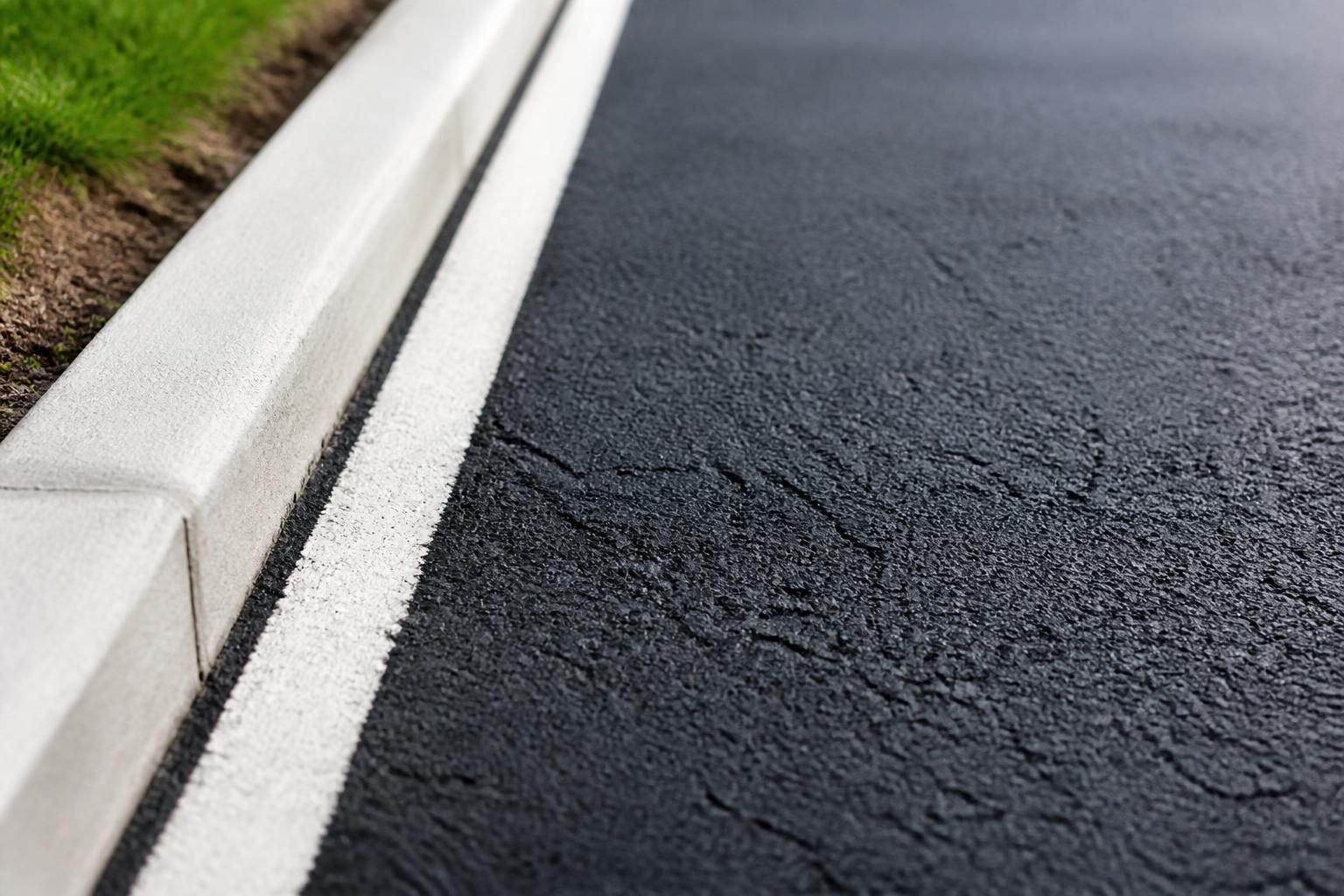 Fresh sealcoated asphalt beside bright white painted curb lines
